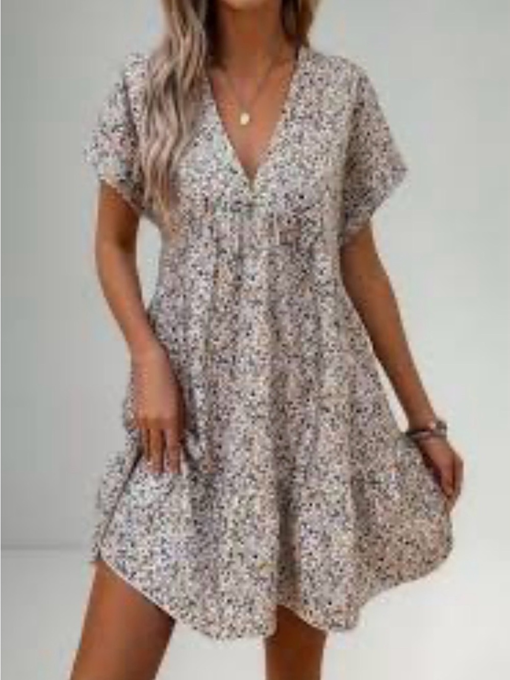 Light Beige Floral V-Neck Short Sleeve Dress L